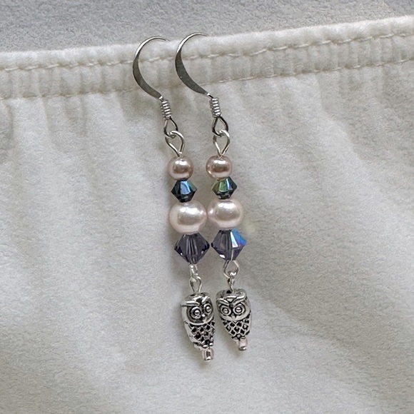Handmade Double Drop Owl Earrings Tanzanite AB Crystal & Blush Faux Pearls - Picture 5 of 5